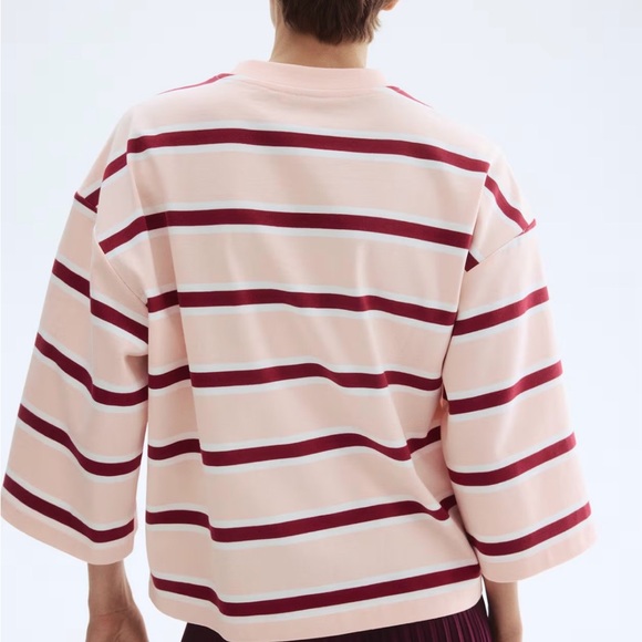NWT H&M Powder Pink/Burgundy Striped 100% Cotton Loose-Fit Top Sz L 1274548005 - Picture 4 of 6